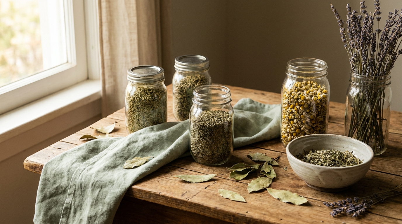 Dried herbs in glass jars on a wooden table
